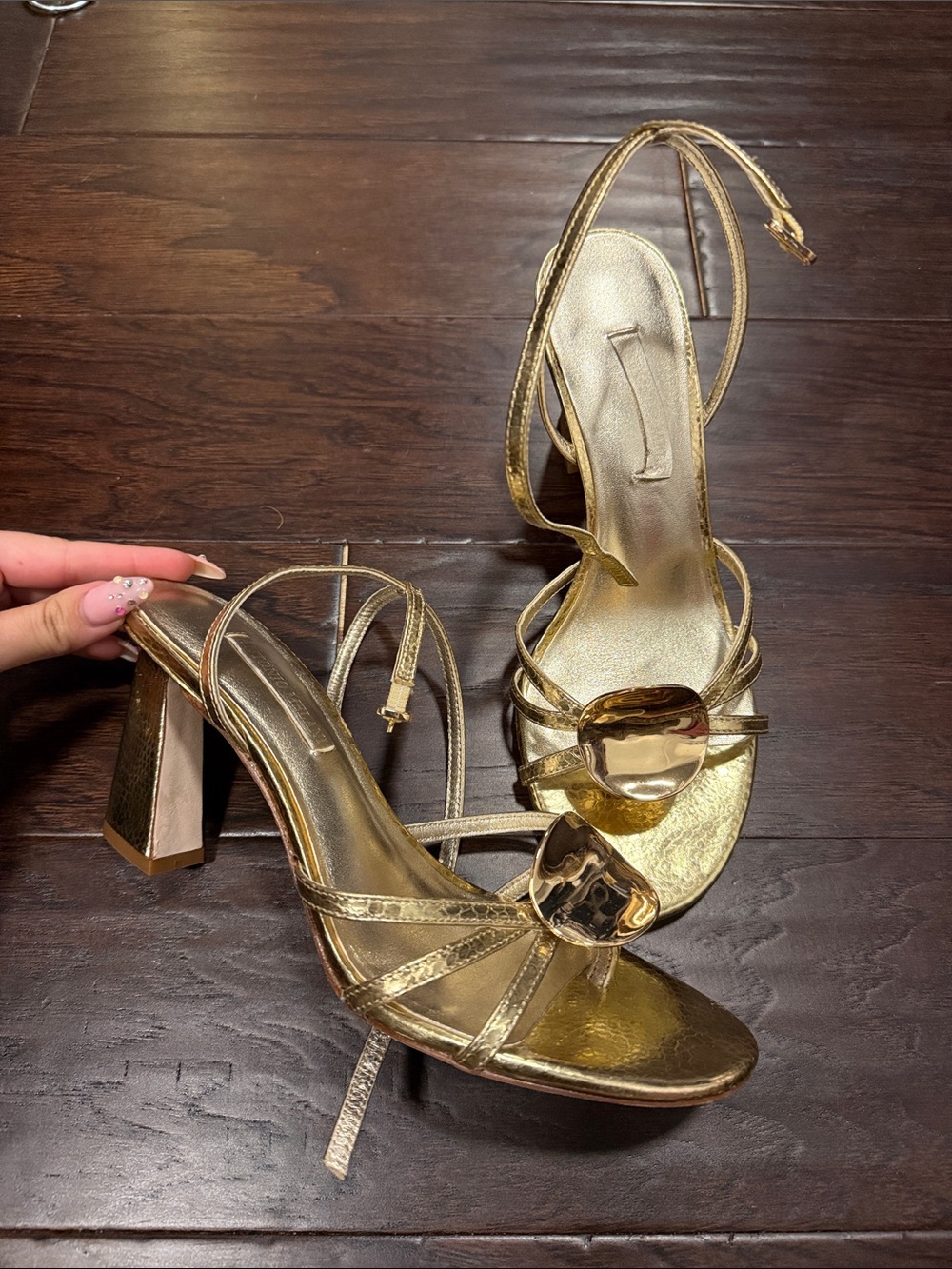 ANTONIO MELANI Metallic Gold Strappy Block Heel Sandals - Picture 1 of 2